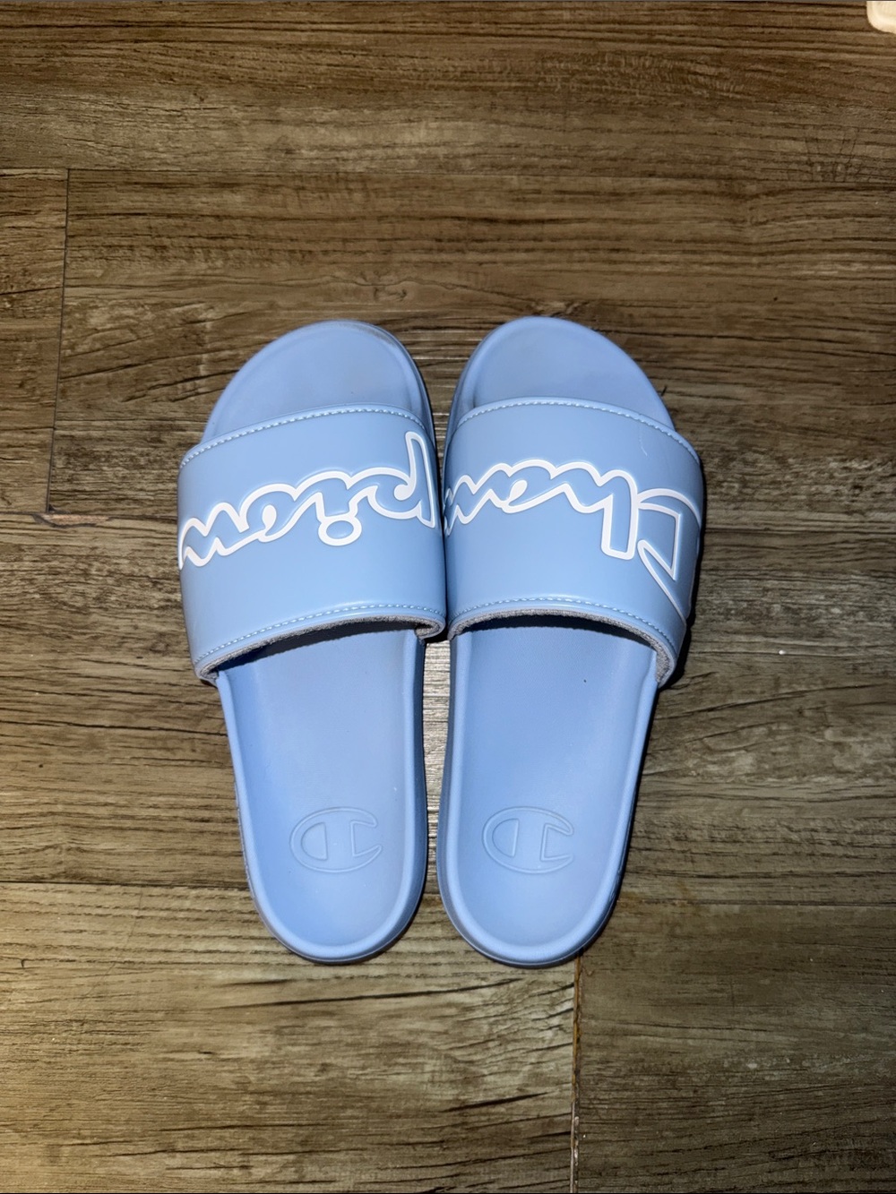 Champion Pastel Blue Slide Sandals with White Script